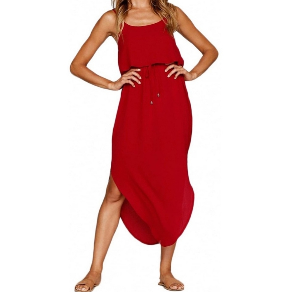 NEW NERLEROLIAN Adjustable Strappy Split Summer Beach Casual Midi Red Dress Larg